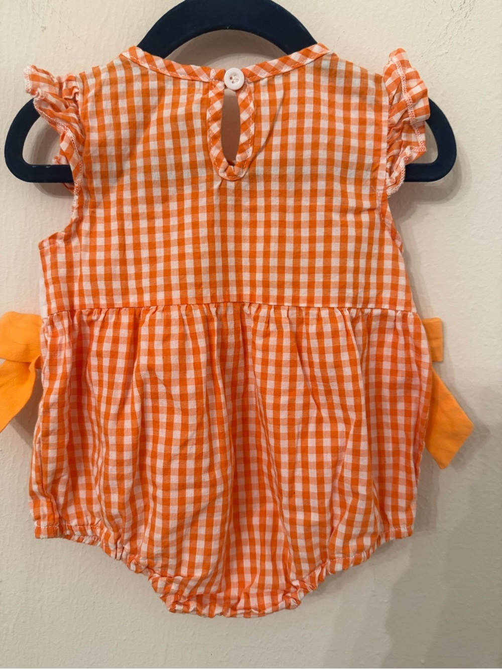 Orange Gingham Baby Romper with Turkey Embroidery - Picture 3 of 5